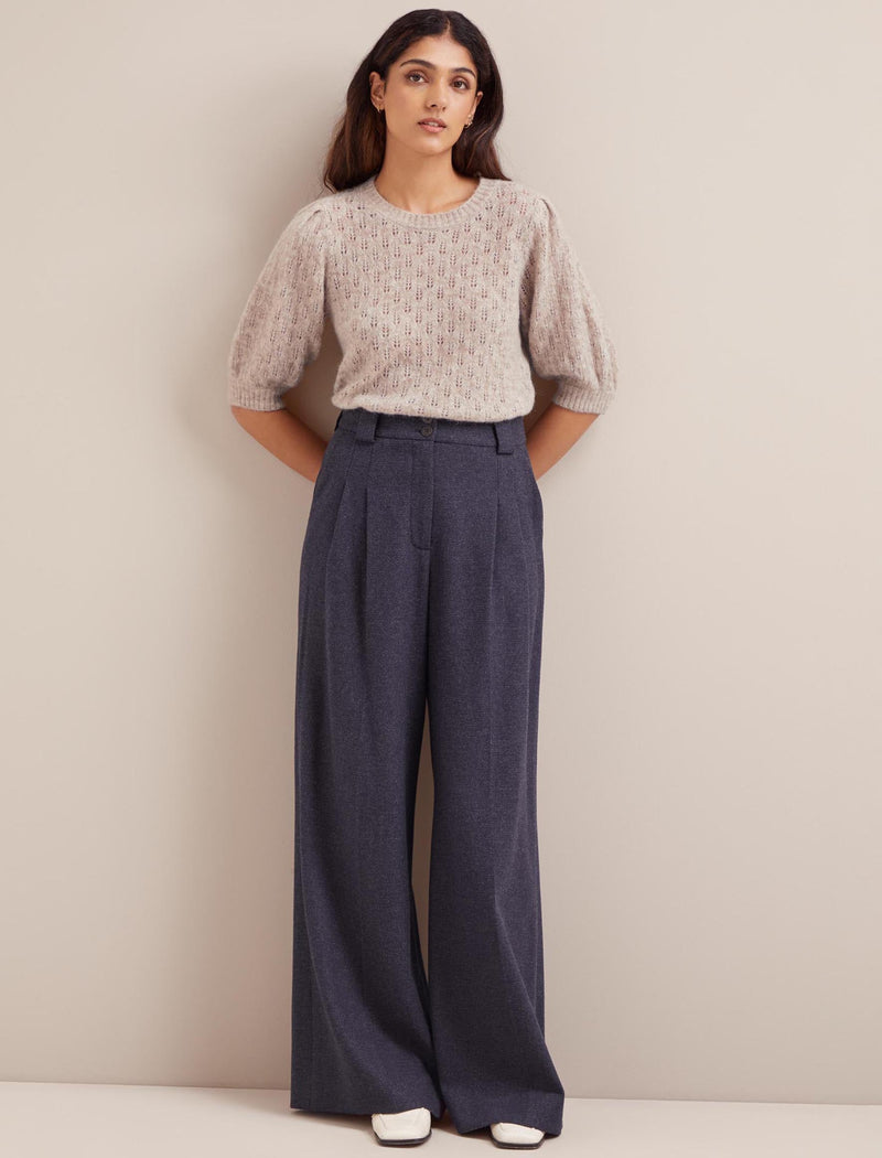 Margot Houndstooth Wool Wide Leg Trouser - Navy