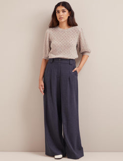 Margot Houndstooth Wool Wide Leg Trouser - Navy