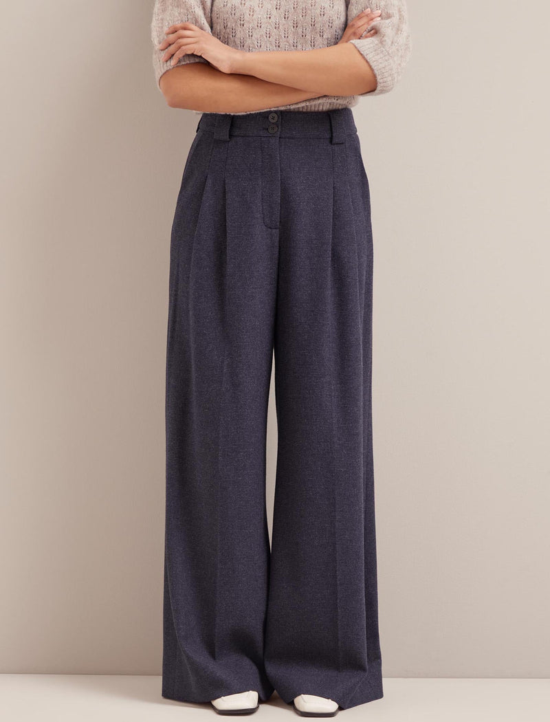 Margot Houndstooth Wool Wide Leg Trouser - Navy