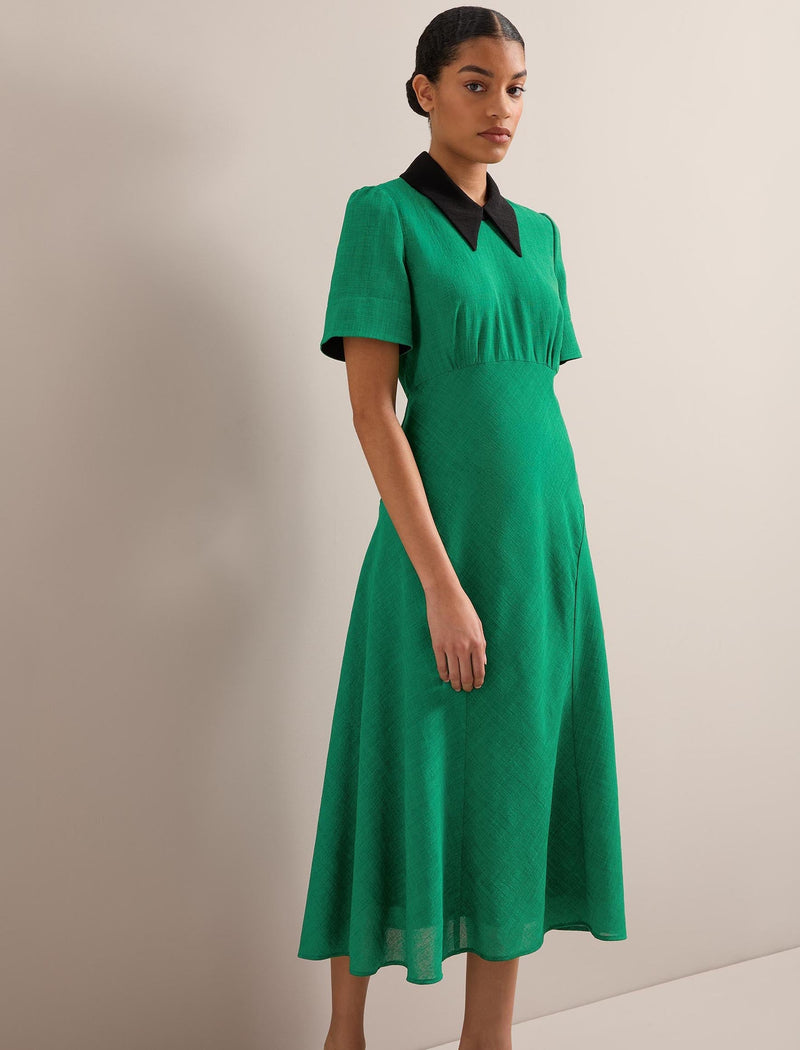 Lydia Techni Voile Midi Dress - Emerald Green Black