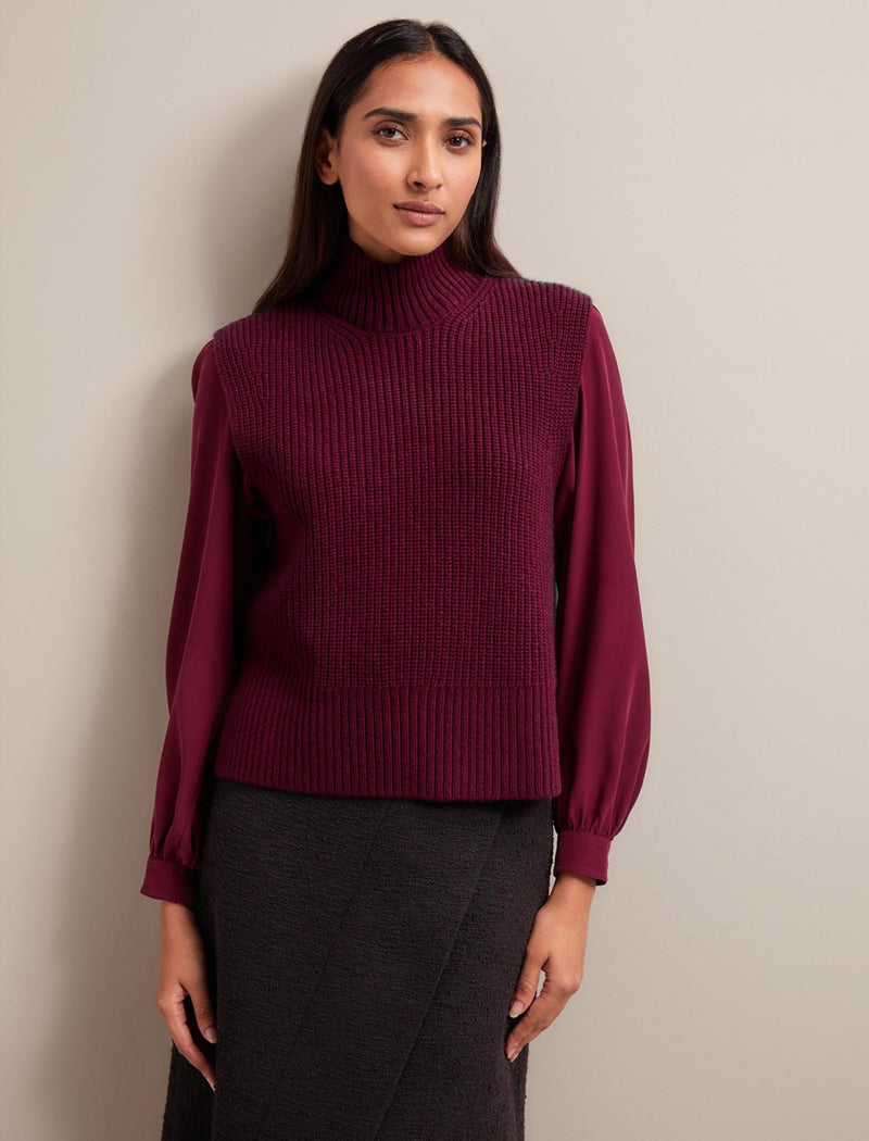 Janie Cashmere Blend Funnel Neck Sleeveless Jumper - Burgundy