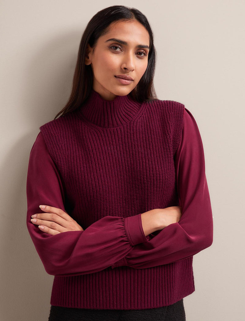 Janie Cashmere Blend Funnel Neck Sleeveless Jumper - Burgundy