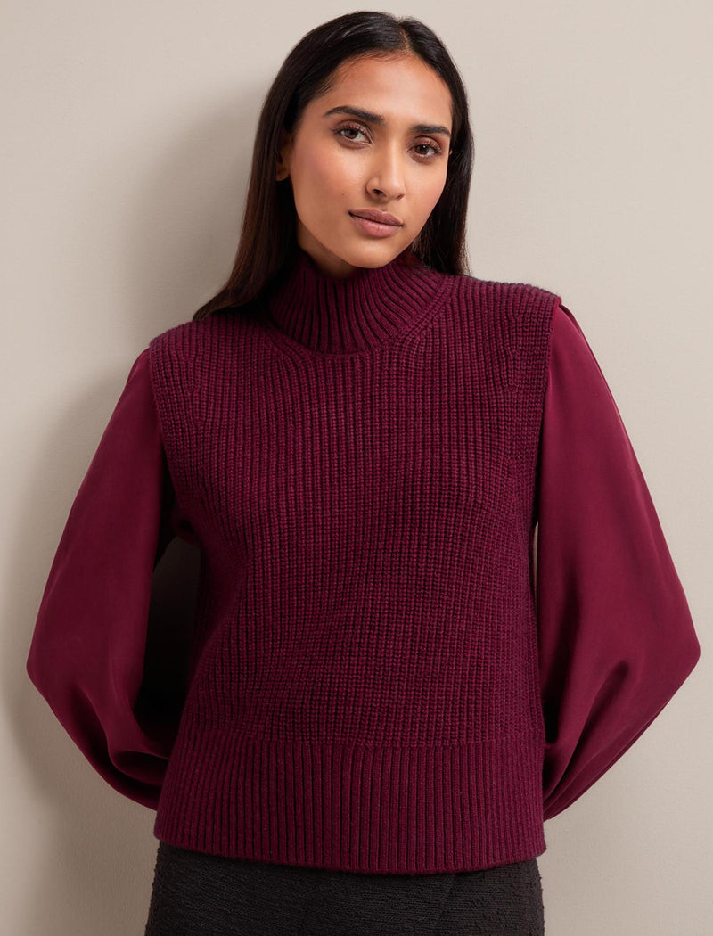 Janie Cashmere Blend Funnel Neck Sleeveless Jumper - Burgundy