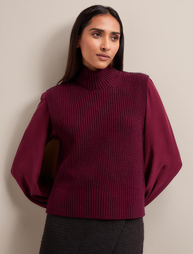 Janie Cashmere Blend Funnel Neck Sleeveless Jumper - Burgundy