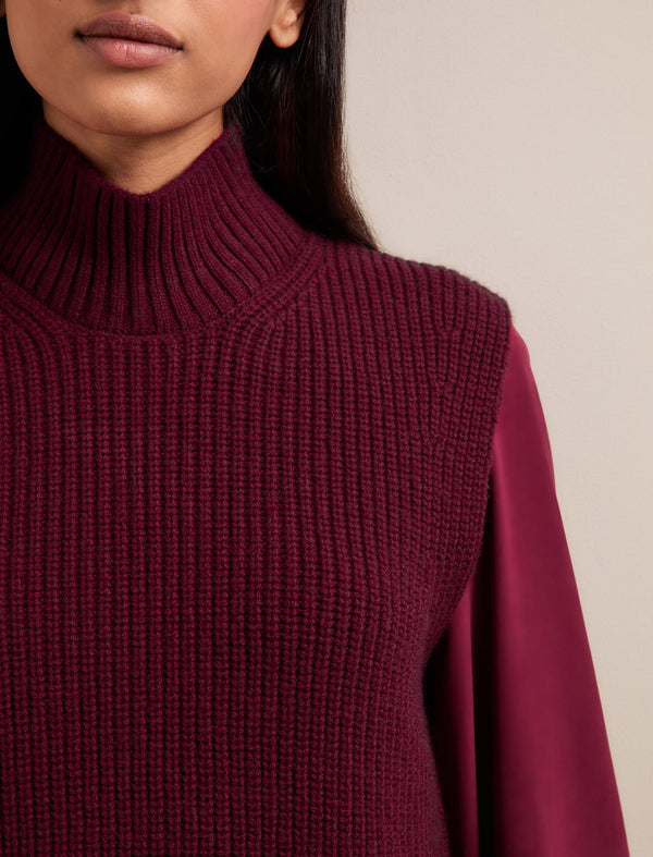 Janie Cashmere Blend Funnel Neck Sleeveless Jumper - Burgundy