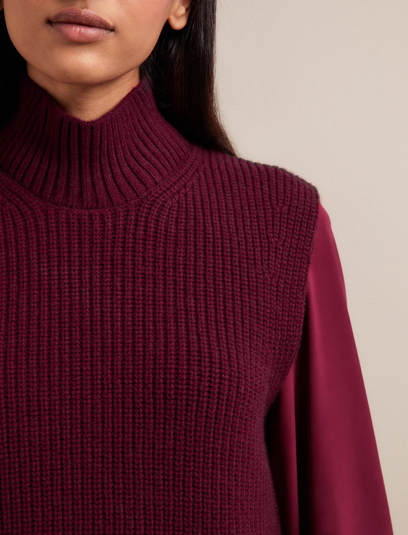 Janie Cashmere Blend Funnel Neck Sleeveless Jumper - Burgundy