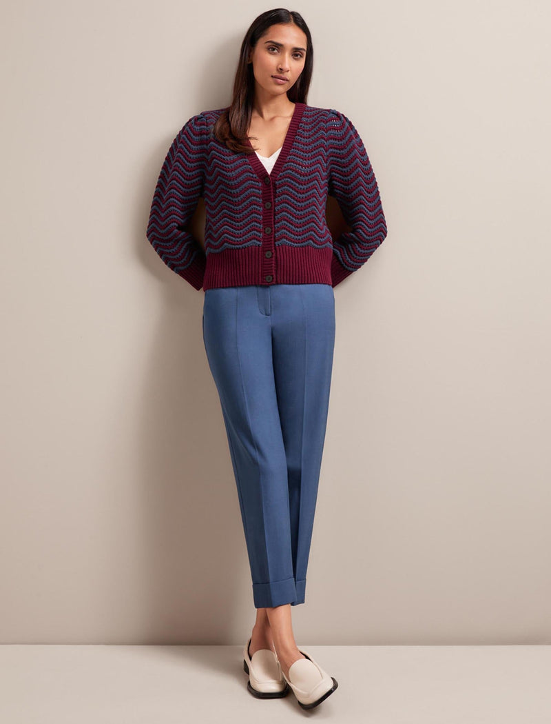 Chloe Cotton Cardigan - Burgundy Denim Blue Stripe