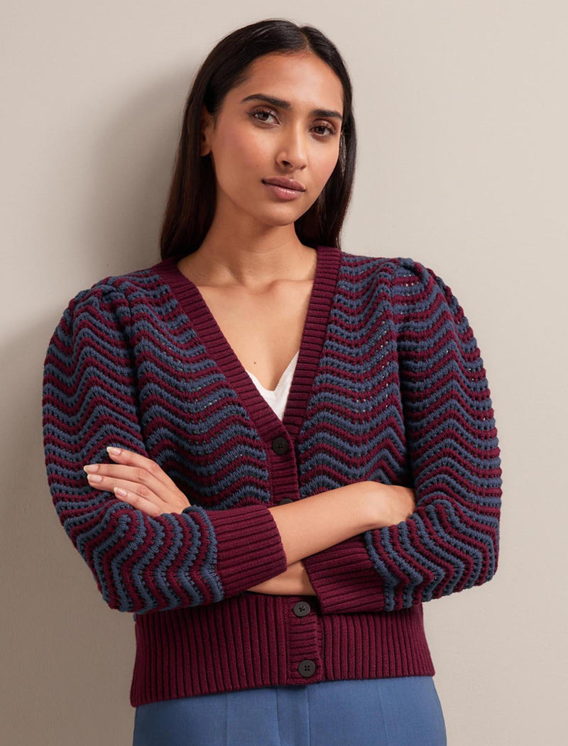 Chloe Cotton Cardigan - Burgundy Denim Blue Stripe