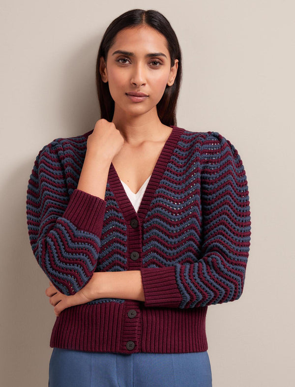 Chloe Cotton Cardigan - Burgundy Denim Blue Stripe