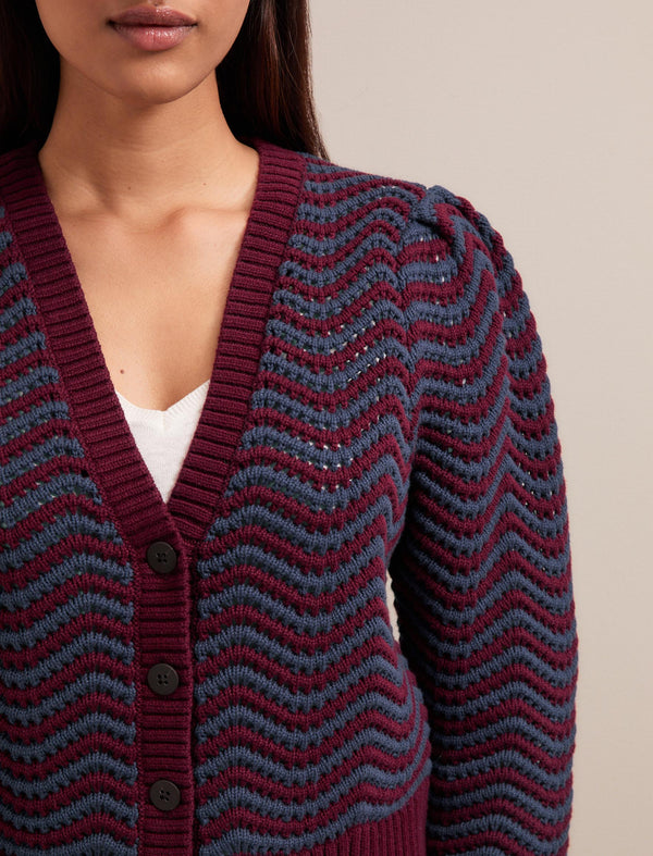 Chloe Cotton Cardigan - Burgundy Denim Blue Stripe