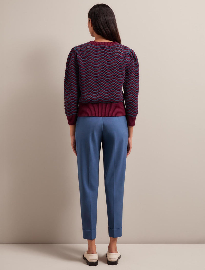Chloe Cotton Cardigan - Burgundy Denim Blue Stripe