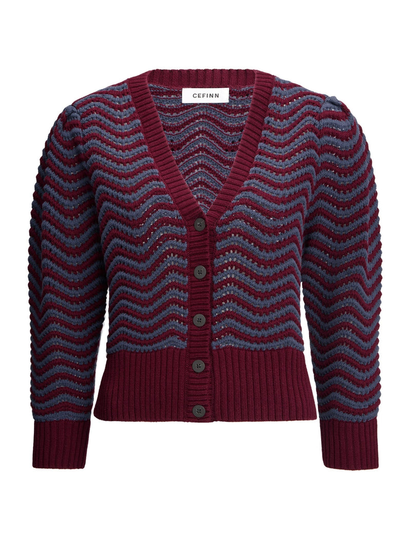 Chloe Cotton Cardigan - Burgundy Denim Blue Stripe