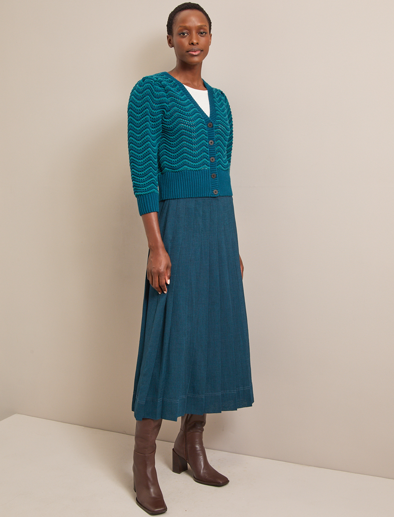 Chloe Cotton Cardigan - Petrol Blue Pale Petrol Blue Stripe