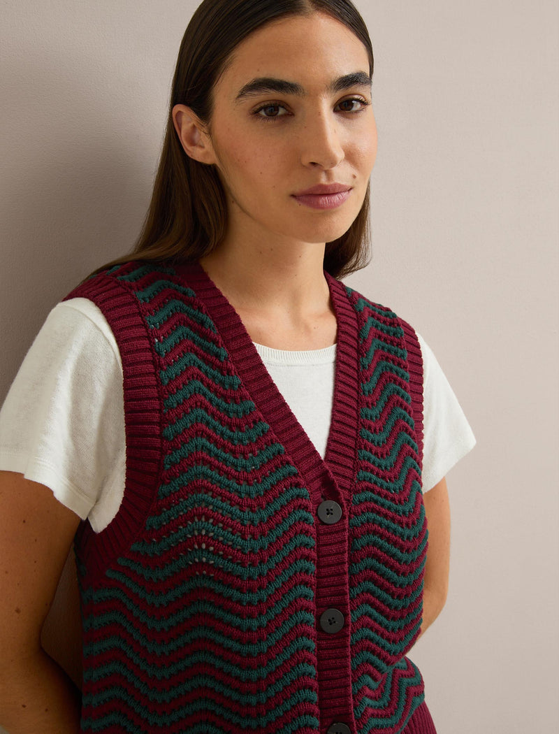 Edie Cotton Waistcoat - Burgundy Dark Green Stripe