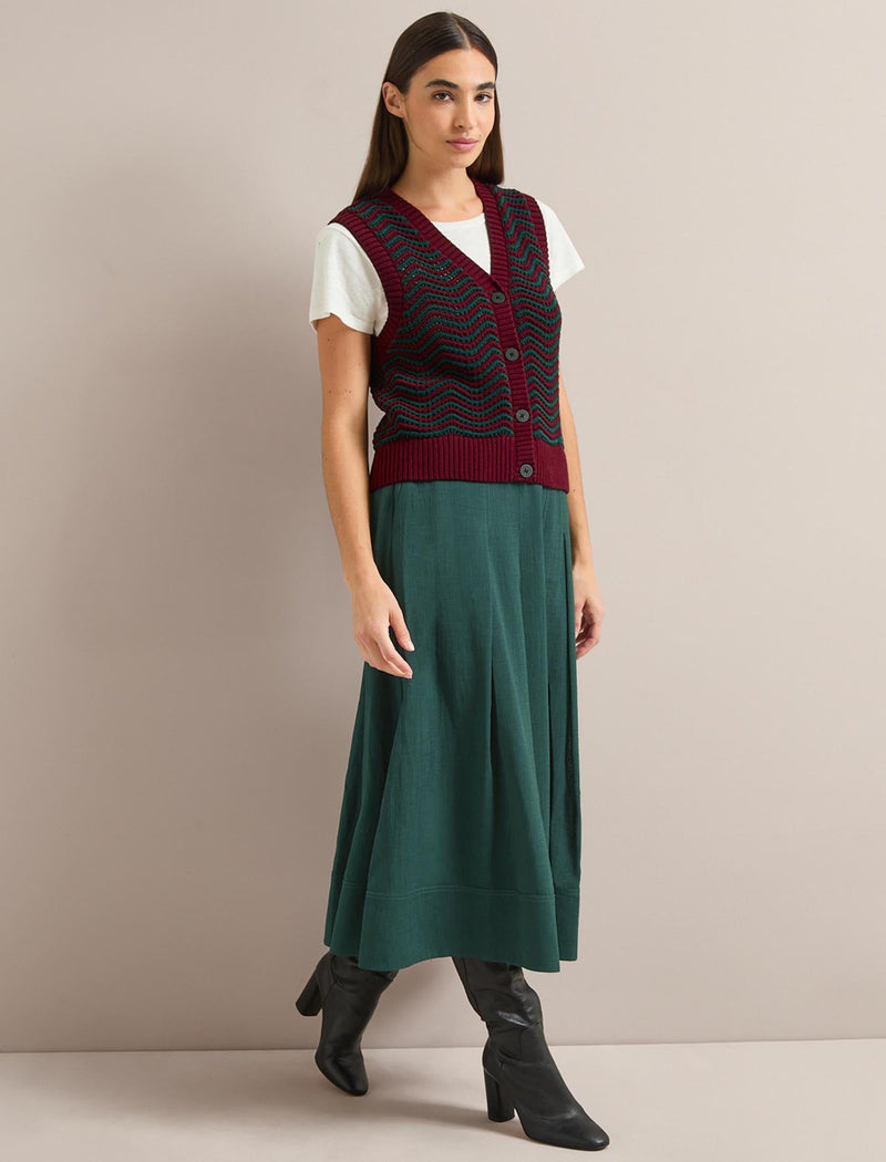 Edie Cotton Waistcoat - Burgundy Dark Green Stripe