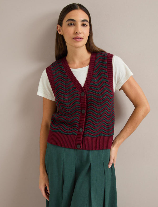 Edie Cotton Waistcoat - Burgundy Dark Green Stripe