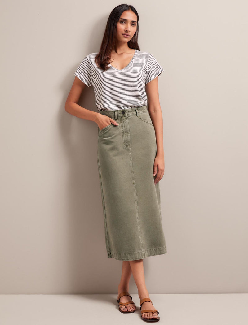 Shona Cotton Twill Midi Skirt - Khaki