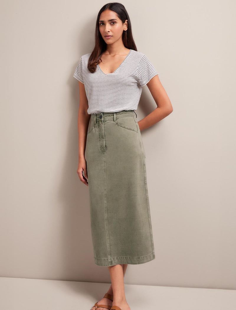 Shona Cotton Twill Midi Skirt - Khaki