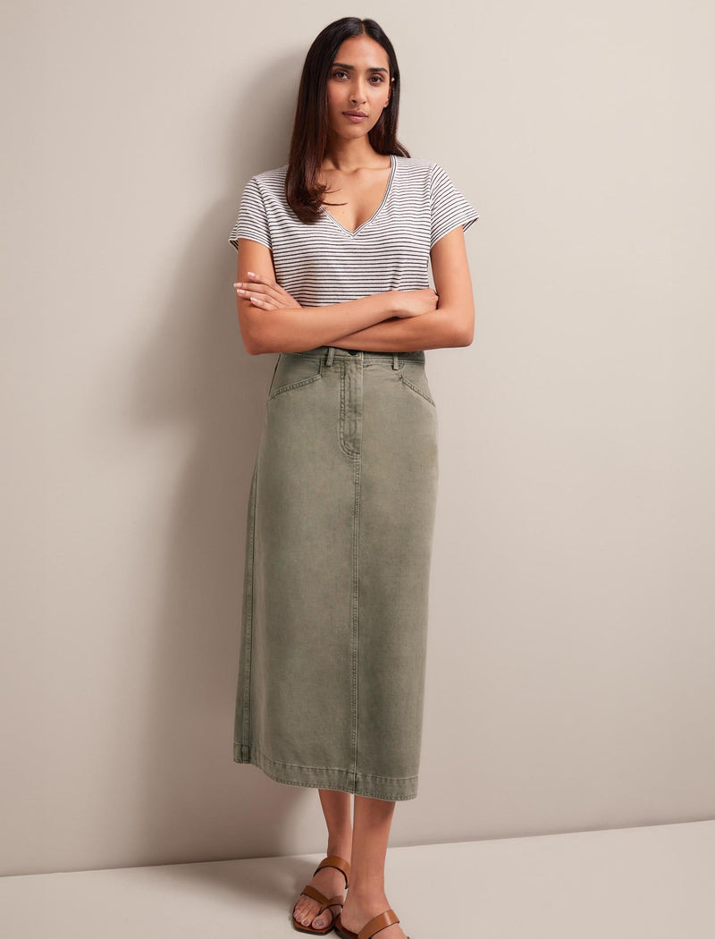 Shona Cotton Twill Midi Skirt - Khaki