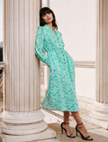 Stella Silk Midi Dress - Green Damask Print