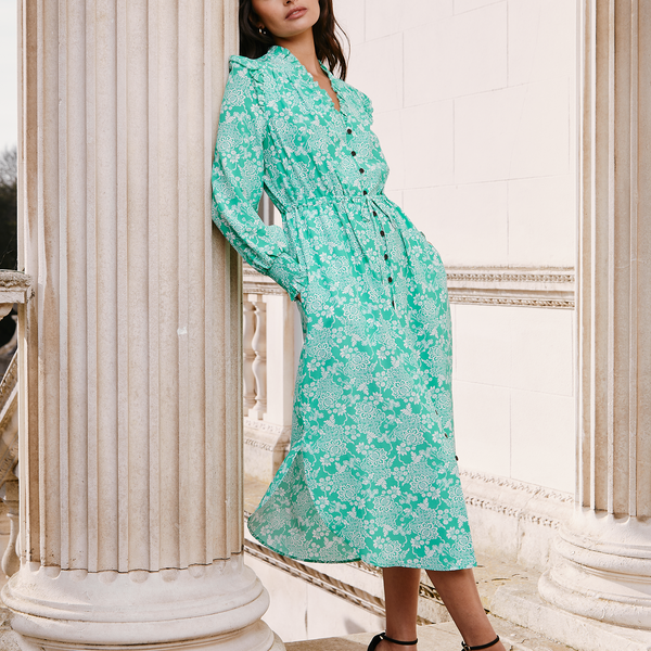 Green Long Sleeve Midi Shirt Dress | Miss Floral | SilkFred US