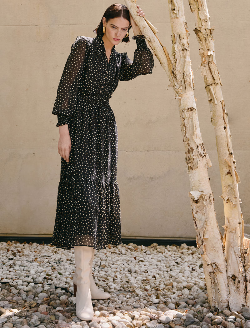 Saskia Maxi Shirt Dress - Black Cream Polka Dot