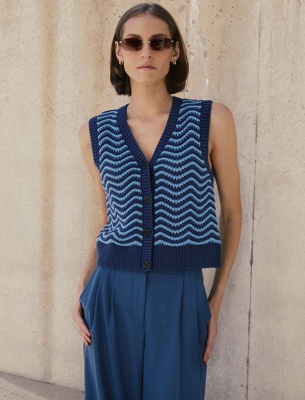 Edie Cotton Waistcoat - Denim Blue Pale Blue Stripe