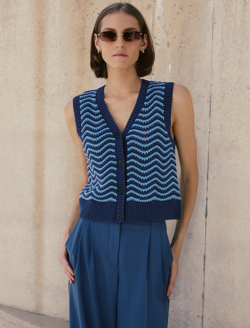 Edie Cotton Waistcoat - Denim Blue Pale Blue Stripe