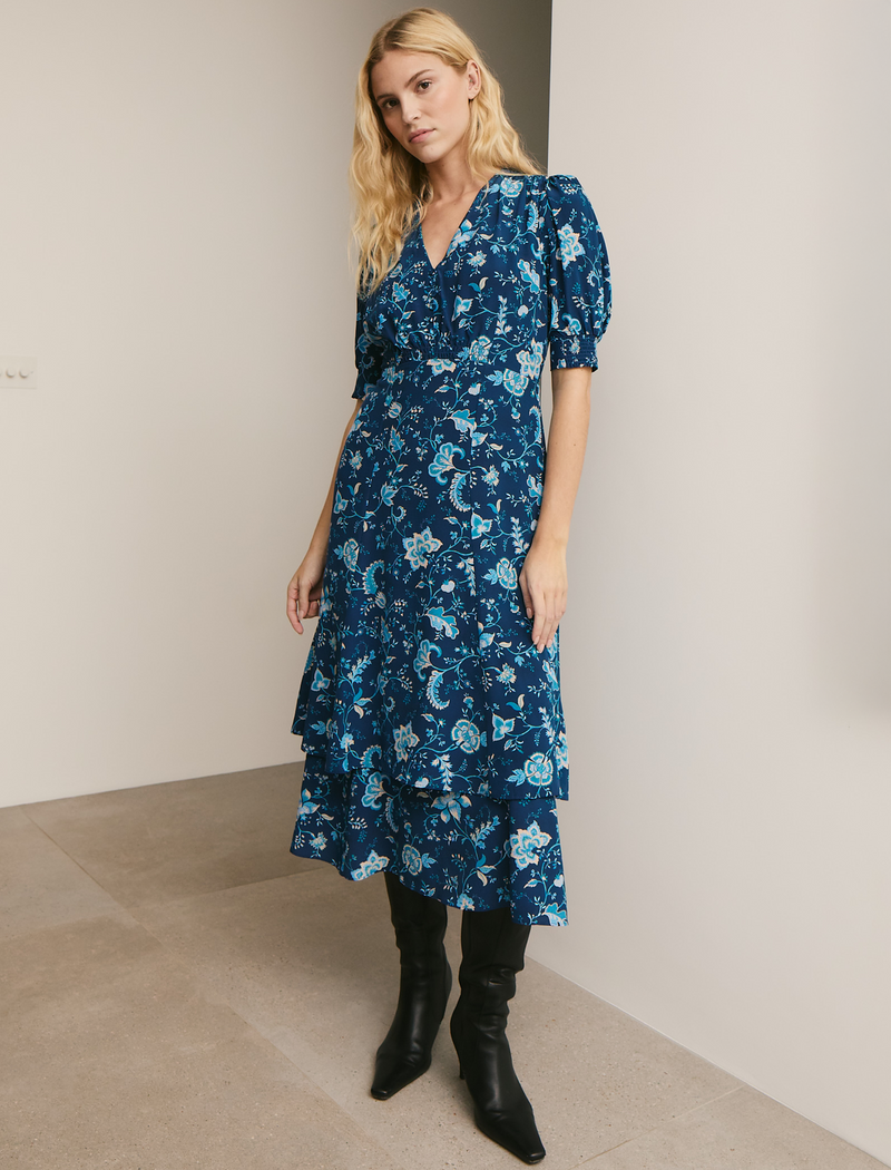 Ayla Silk Midi Dress - Navy Yellow Trailing Floral