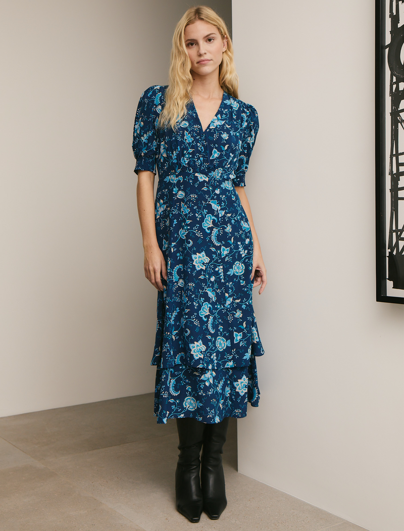 Ayla Silk Midi Dress - Navy Yellow Trailing Floral