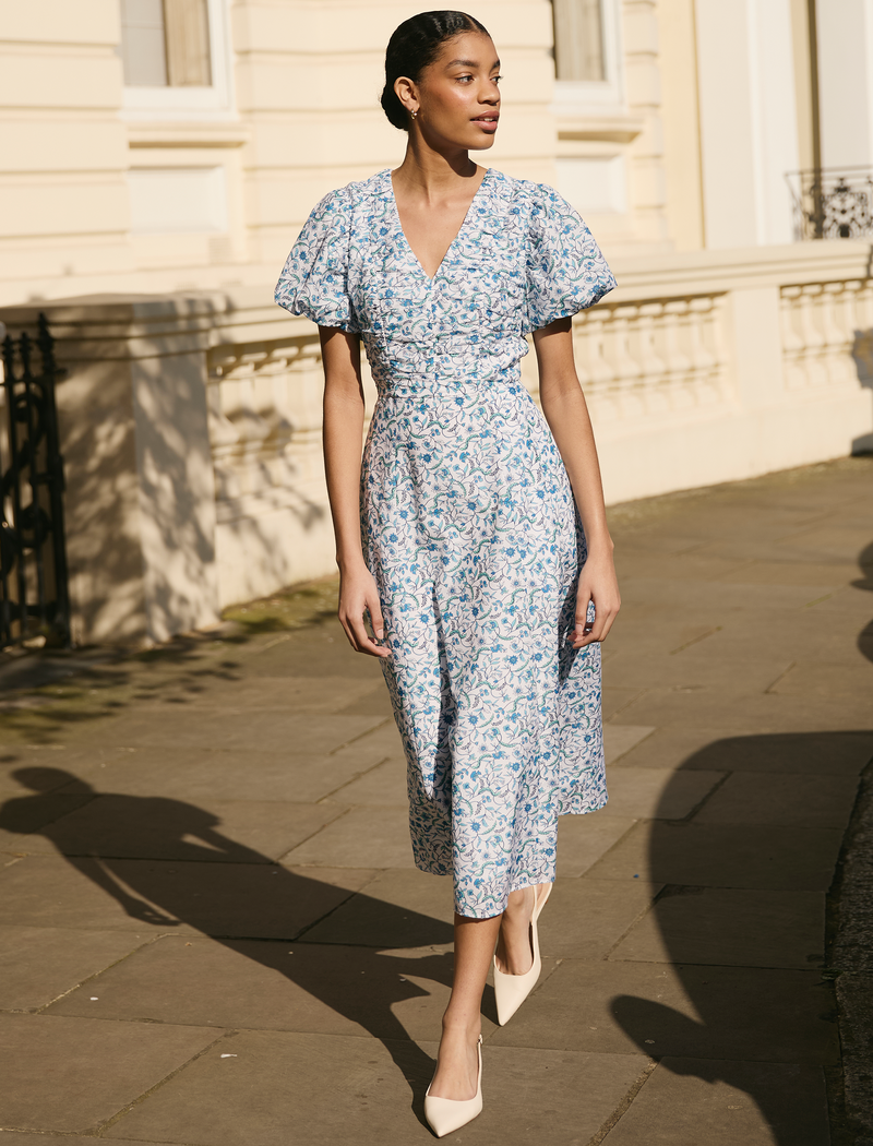 Elisa Silk Blend Midi Dress - Blue Trailing Feather Print
