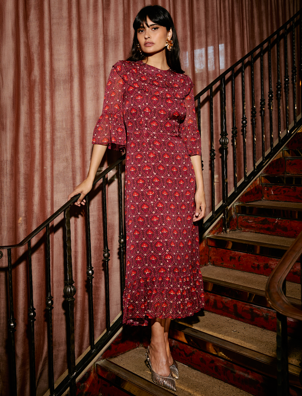 Isabella Fil Coupé Maxi Dress - Rust Burgundy Carnation Print