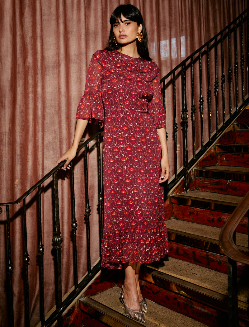 Isabella Fil Coupé Maxi Dress - Rust Burgundy Carnation Print