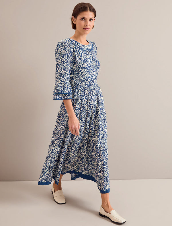 Elodie Cotton Blend Maxi Dress - Blue Mono Floral Print