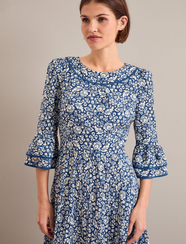 Elodie Cotton Blend Maxi Dress - Blue Mono Floral Print