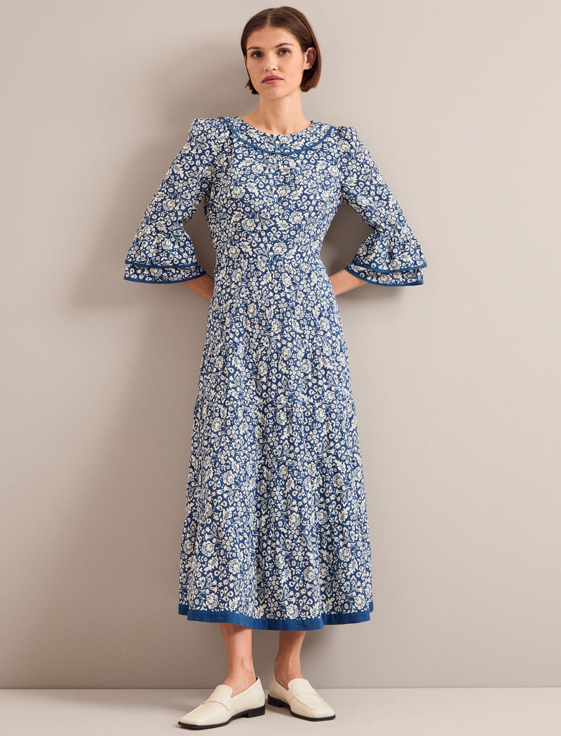 Elodie Cotton Blend Maxi Dress - Blue Mono Floral Print