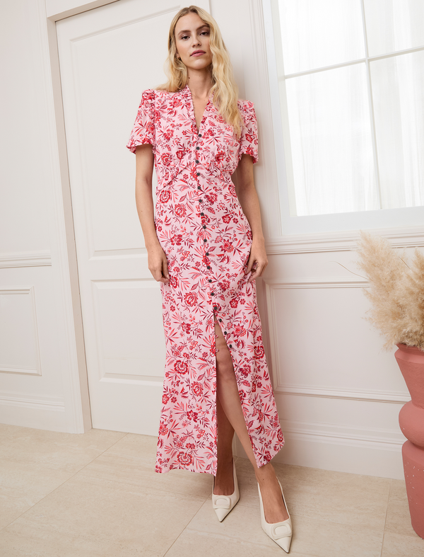 Liliana Cotton Blend Maxi Dress - Pink Palm Floral Print