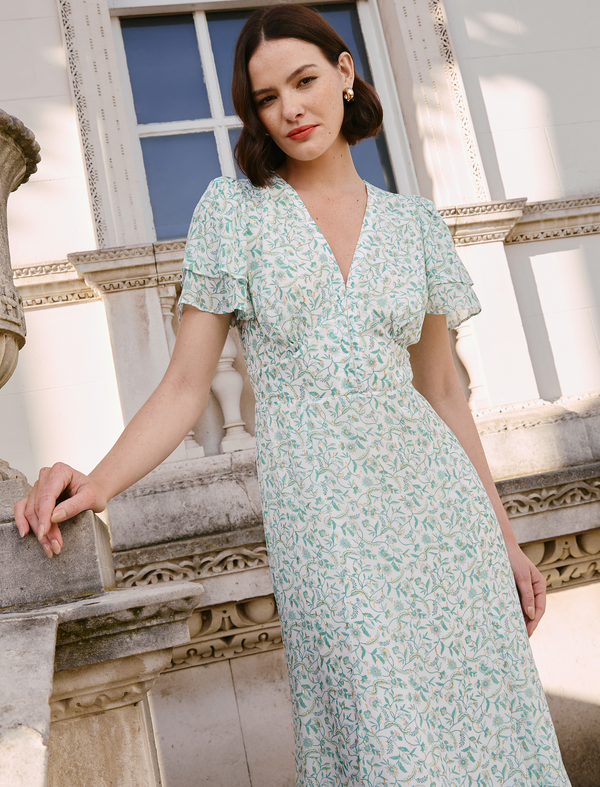 Lotta Gold Metallic Fil Coupé Maxi Dress - Green Yellow Trailing Feather Print