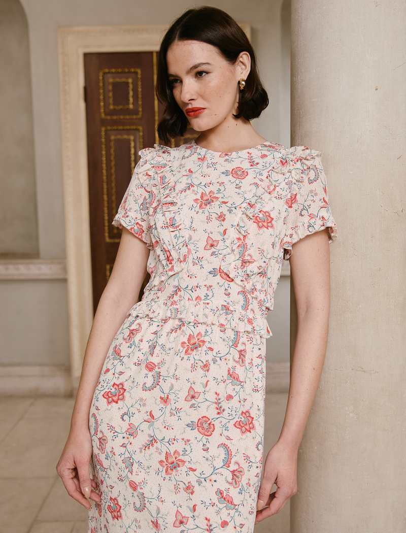 Mira Silk Midi Dress - Cream Multi Trailing Floral Print