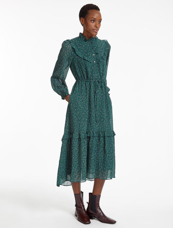Annie Midi Dress with Drawstring Waist - Green Black Graphic Coral Print