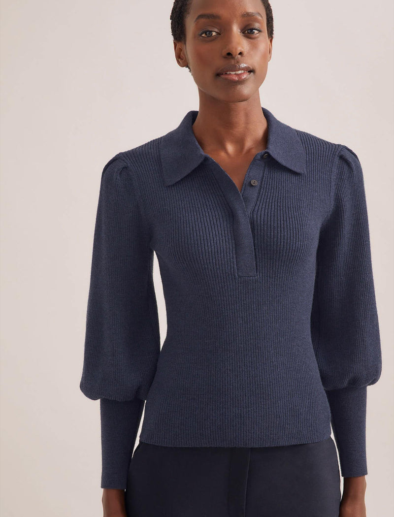 Eva Merino Wool Collared Jumper - Denim Blue