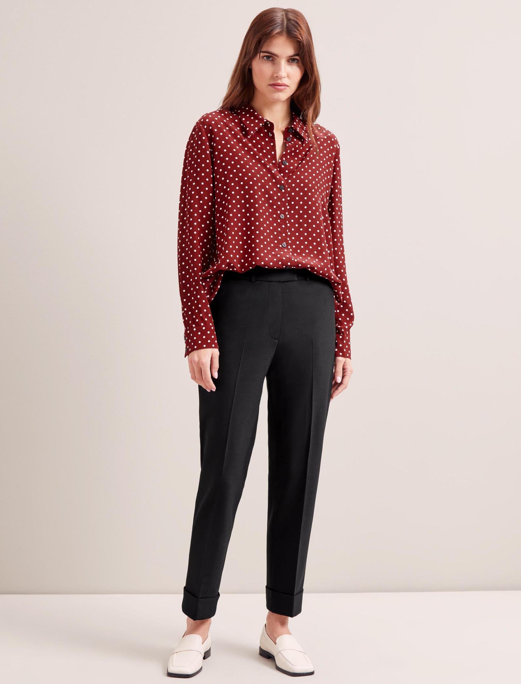 Skyla Silk Long Sleeve Collared Shirt in Lipstick White Polka Dot