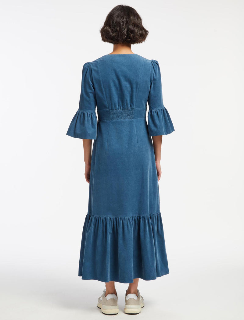 Daphne Pin Corduroy Round Neck Maxi Dress - Mid Blue