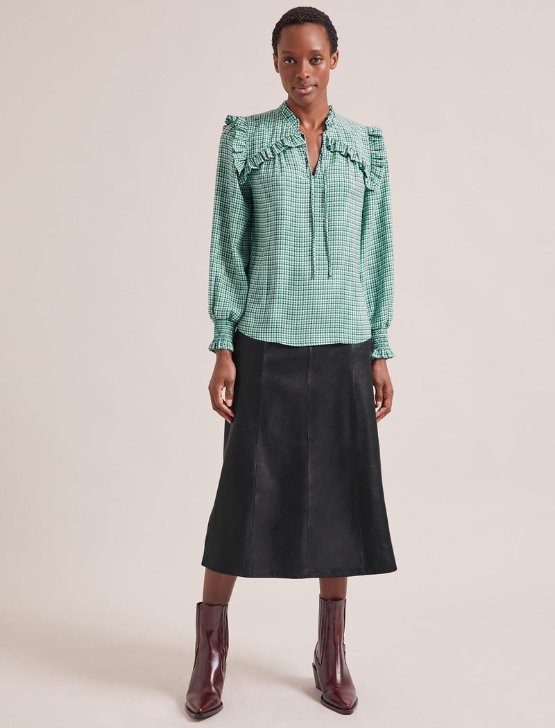 Bay Blouse - Ecru Green Houndstooth Print