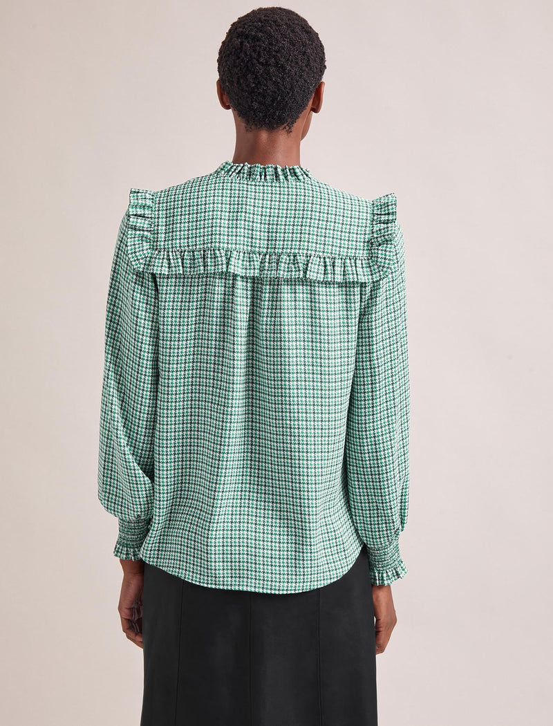 Bay Blouse - Ecru Green Houndstooth Print