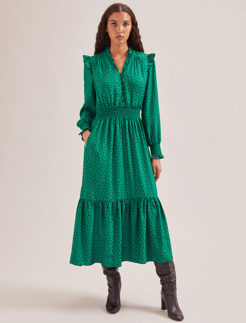 Saskia Maxi Dress - Green Black Polka Dot Print