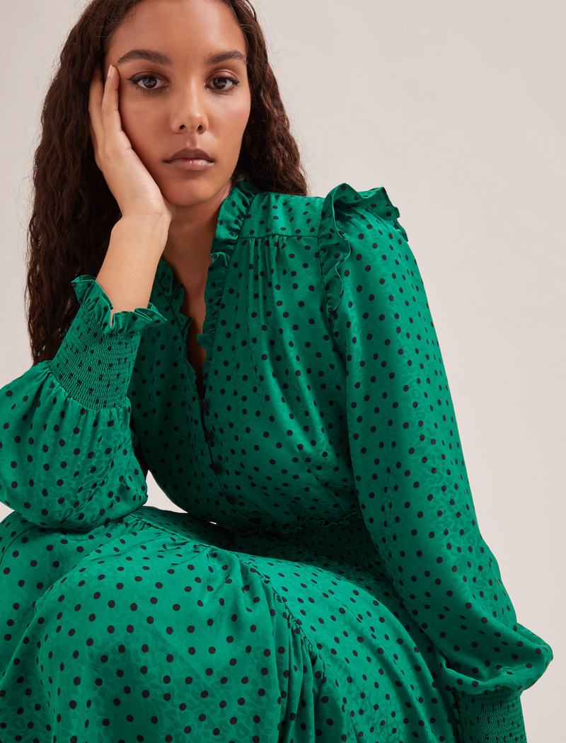 Saskia Maxi Dress - Green Black Polka Dot Print