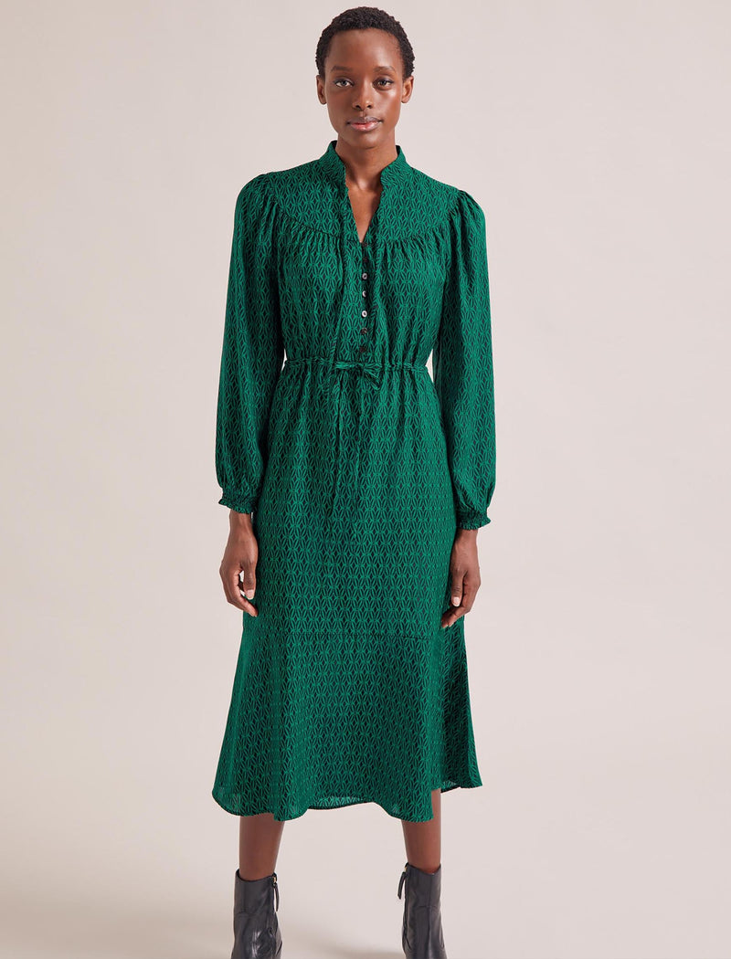 Zahra Midi Dress - Green Black Trellis Print