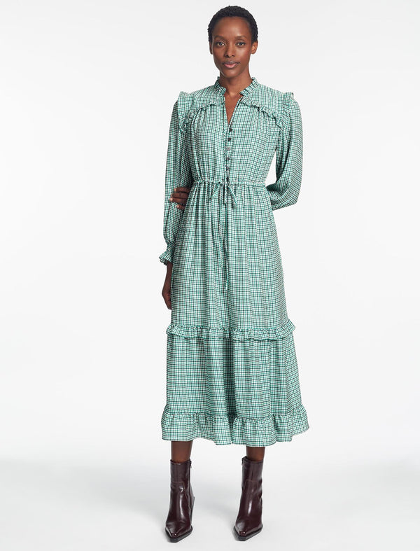 Loretta Maxi Dress - Ecru Green Houndstooth Print