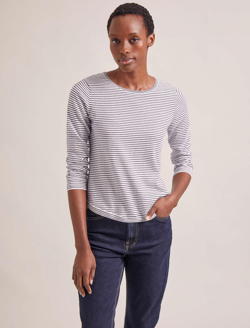 Maia Cotton Silk Blend T-Shirt - White Navy Stripe